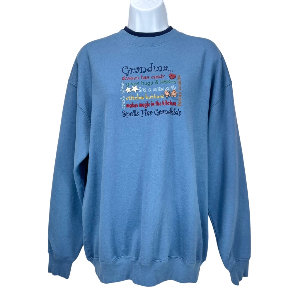 Vintage Grandma‎ Embroidered Sweatshirt Large Blue Cozy Cottagecore 90s Y2K